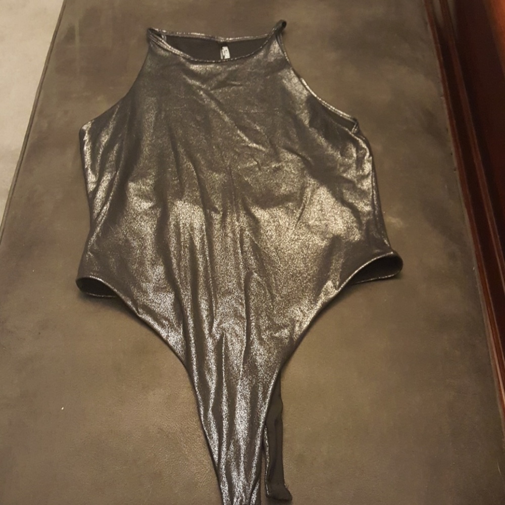 Victoria secret gun metal foil body suit.